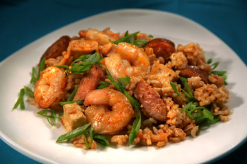 Shrimp, Chicken, and Beef Jumbalaya with Scallions