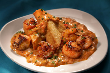 Grit Cakes with Shrimp and Scallops