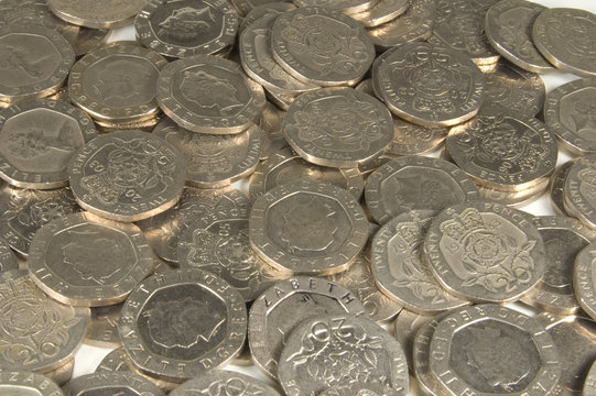 british twenty pence coinage background