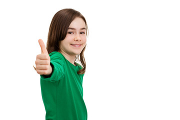 Girl showing OK sign isolated on white background