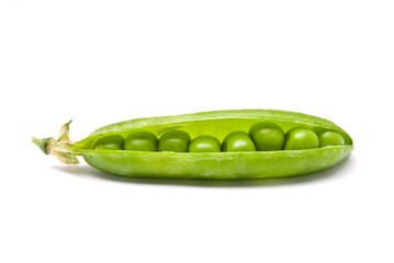 Pods of fresh green peas on a white background