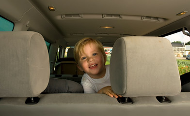 Twin Little Boys in the Backseat of a car