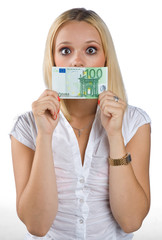 woman silenced with euro bill on her mouth