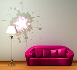 Pink couch with standard lamp in minimalist interior