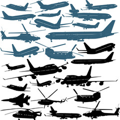 Vector illustrations of passenger airliners, millitary chopters