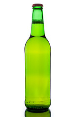 Green bottle with beer on white background