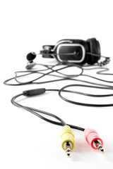 Close-up of color connectors and headset at disfocused far plane