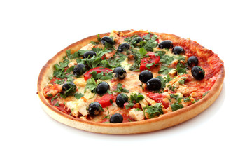 Tasty pizza with olives isolated on white