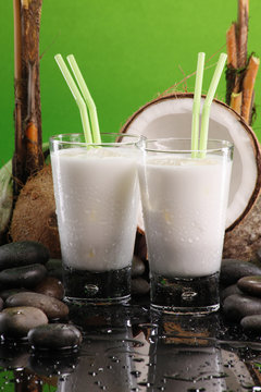 Two glasses of cold coconut milk