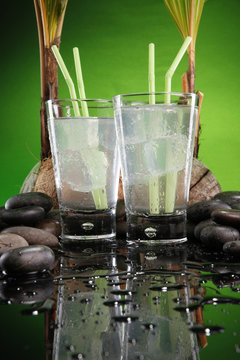 Two glasses of fresh cold coconut juice