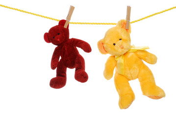 two teddy bears on clothes line