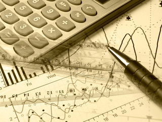 Pen, rulers and calculator (sepia)