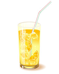 glass with drink, orange and ice isolated on a white background