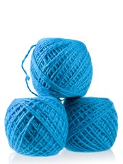 Three hanks of the blue threads isolated on white background