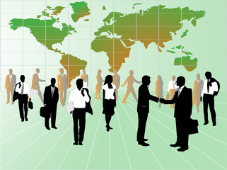 Illustration of business people and map