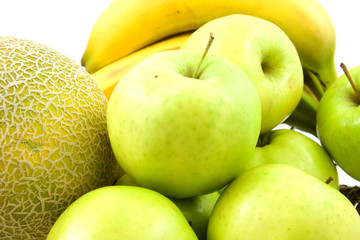 Fruits, melon, apple and bananas