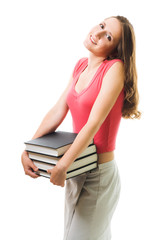 Woman with many books