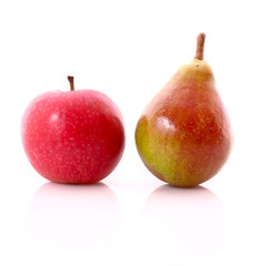 Red apple and yellow-green pear isolated on white background