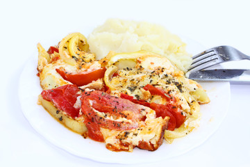 mashed potatoes and vegetable omelette