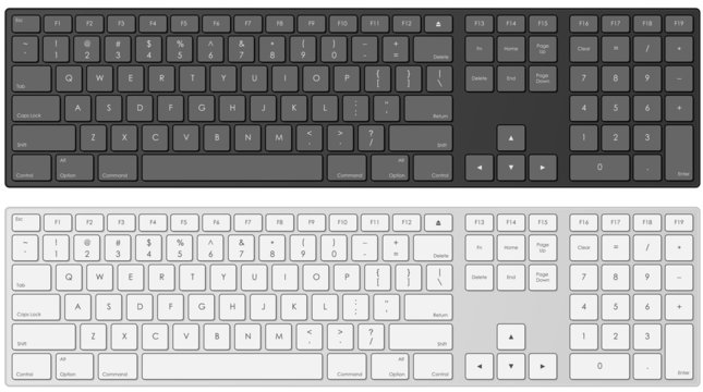Modern computer keyboard in white and black color.