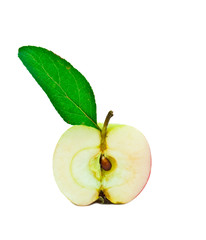 Half of young apple with a green leaf