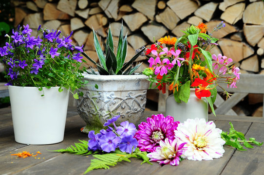 Blumen Dekoration auf Garten Tisch