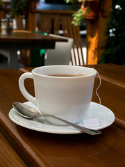 tea, cup, spoon, wood, table