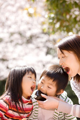 おにぎりを食べさせる母親