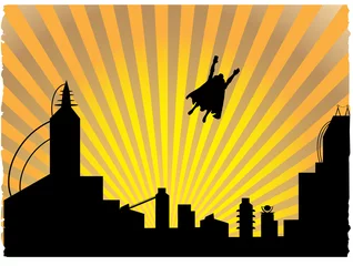 Poster Gesilhouetteerde superheld die de zonsondergang tegemoet vliegt © HerArtSheLoves
