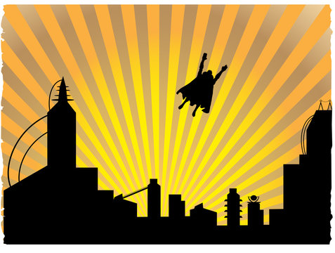 Silhouetted  superhero flying off into the sunset