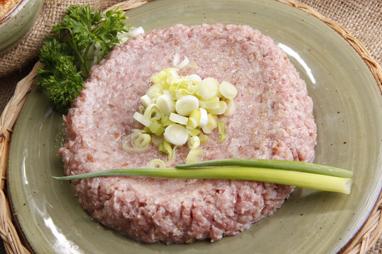 Middle eastern raw kibbe garnished with scallions