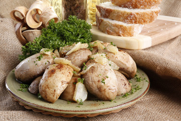 Stuffed giant sautee mushrooms in garlic and olive oil dressing