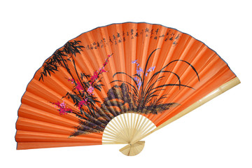 Orange Chinese fan on the white background