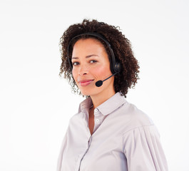 Young woman with headset looking at the camera