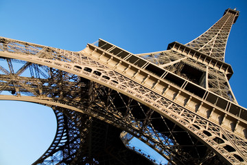 Wide angle view of the Eiffel Tower over the blue sky