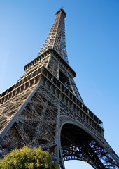 Wide angle view of the Eiffel Tower over the blue sky