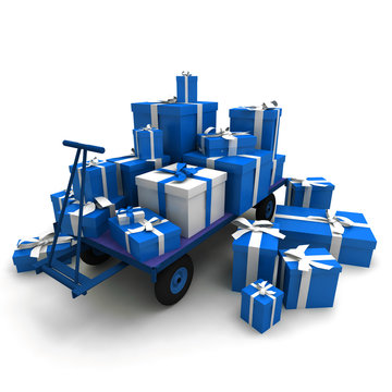 Heap of gift boxes on pallet truck