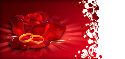 Hochzeitskarte Rose mit Eheringen Rot