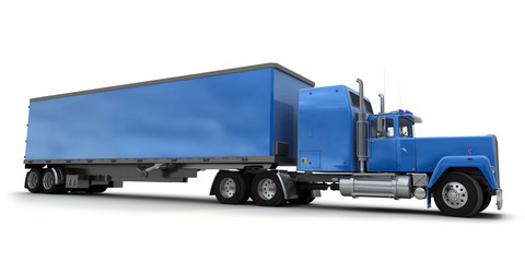 Lateral view of a big red trailer truck