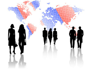 Illustration of business people and map