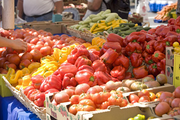 Farmers market fresh peppers and tomatoes