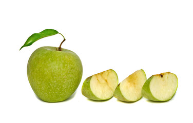 Green apple and three segments isolated on white background