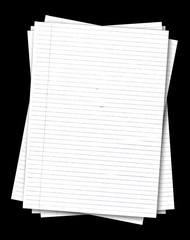 Stack of old lined papers isolated on black background