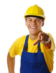Young worker pointing at you and smile