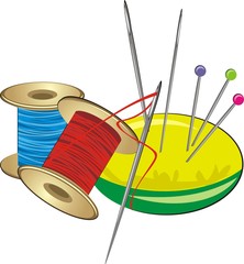 Spools with threads, needles and pillow with pins. Vector - obrazy, fototapety, plakaty