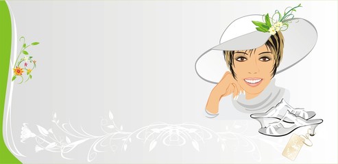 Beautiful woman with hat and shoes. Fashion card. Vector