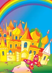 Poster Prachtig paleis met een vlinder en een regenboog. Sprookje. © Tetiana Nikonorova
