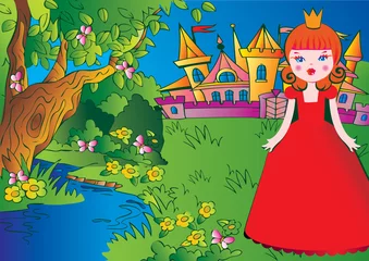 Lichtdoorlatende rolgordijnen Kasteel Mooie prinses op de weide in een rode jurk. Sprookje.