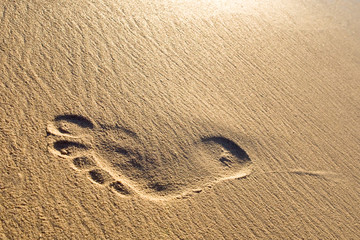 Fototapeta na wymiar Man foot print on a white sand beach