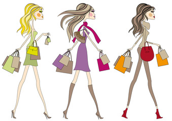 Fashion girls walking with shopping bags, vector